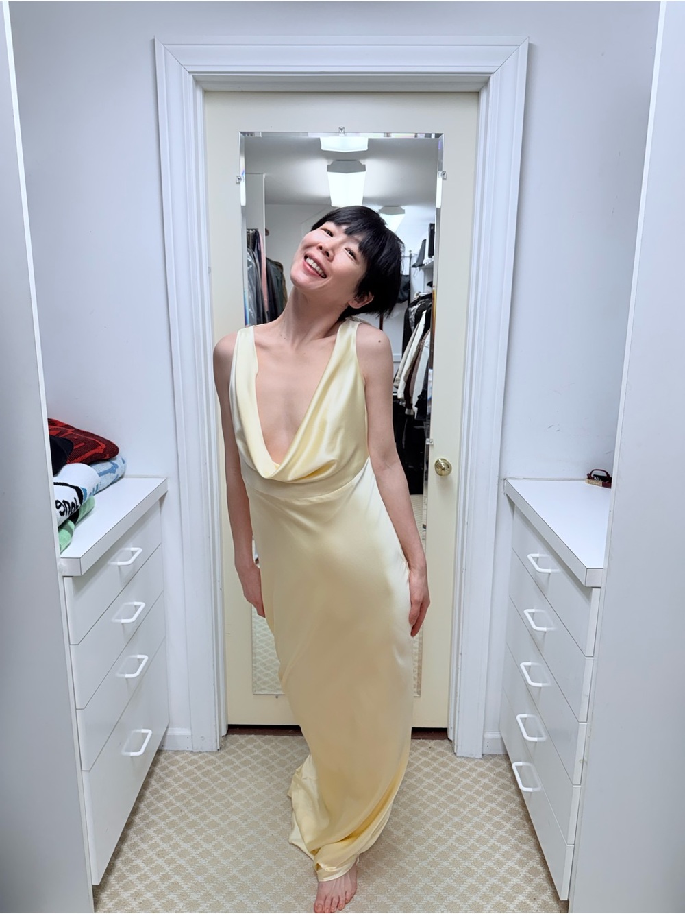 NWOT Michael Lo Sordo Silk Pale Yellow Cowl Neck Slip Dress, Size US 6 - Picture 5 of 7